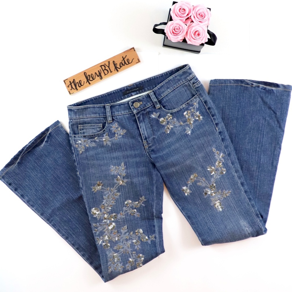 Elie Tahari Blue Boot Cut Jeans with Silver Floral Embroidery